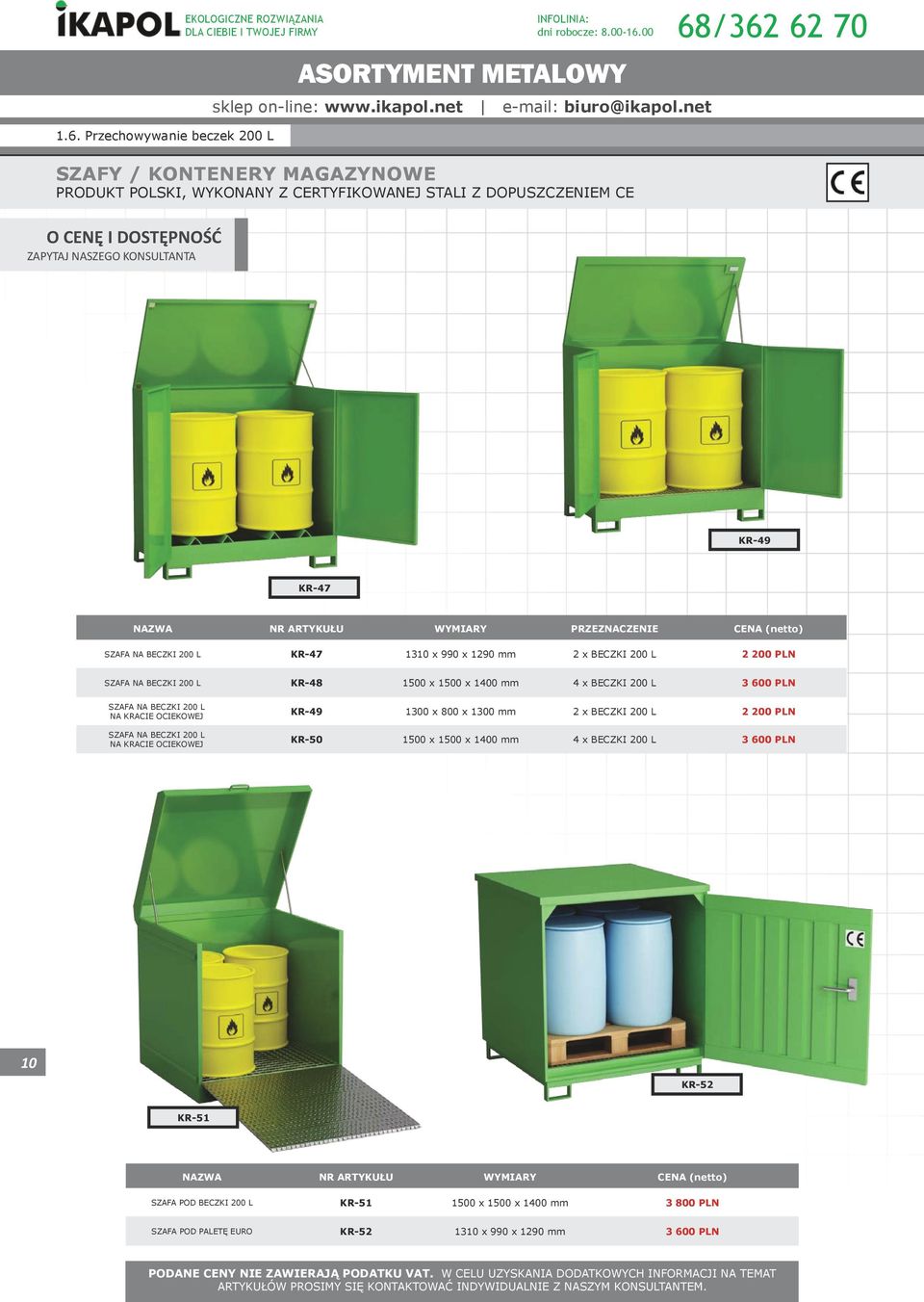 1500 x 1500 x 1400 mm 4 x BECZKI 200 L 3 600 PLN SZAFA NA BECZKI 200 L NA KRACIE OCIEKOWEJ SZAFA NA BECZKI 200 L NA KRACIE OCIEKOWEJ KR-49 1300 x 800 x 1300 mm 2 x BECZKI 200 L 2 200