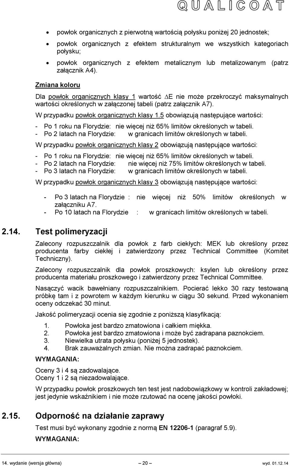 W przypadku powłok organicznych klasy 1.5 obowiązują następujące wartości: - Po 1 roku na Florydzie: nie więcej niż 65% limitów określonych w tabeli.