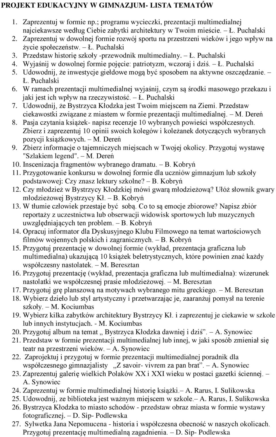 Wyjaśnij w dowolnej formie pojęcie: patriotyzm, wczoraj i dziś. Ł. Puchalski 5. Udowodnij, że inwestycje giełdowe mogą być sposobem na aktywne oszczędzanie. Ł. Puchalski 6.