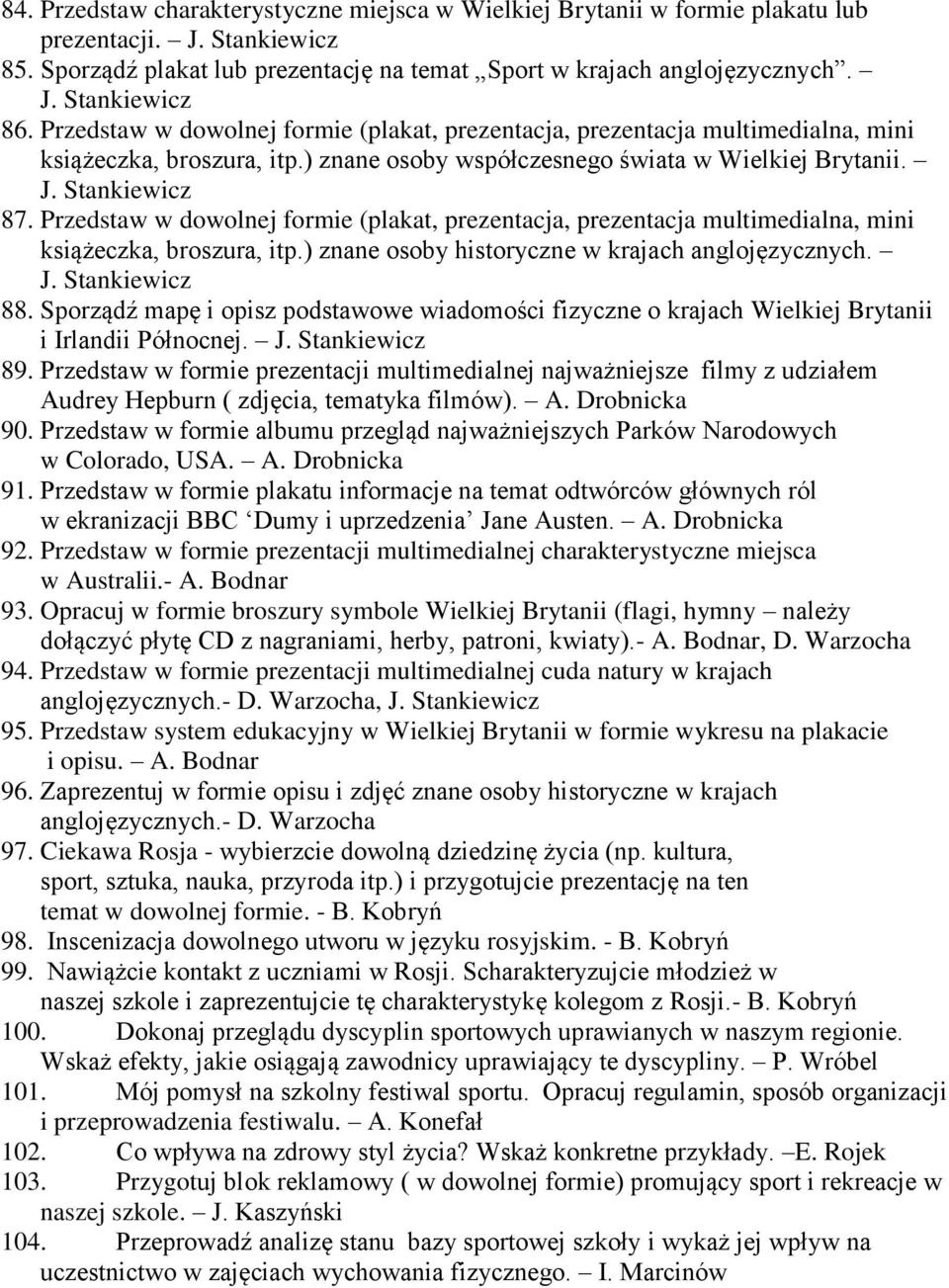 Przedstaw w dowolnej formie (plakat, prezentacja, prezentacja multimedialna, mini książeczka, broszura, itp.) znane osoby historyczne w krajach anglojęzycznych. 88.
