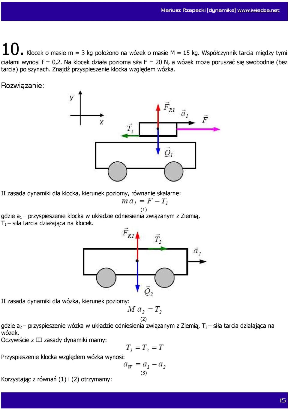 II zasada dynamiki dla klocka, kierunek poziomy, równanie skalarne: (1) gdzie a 1 przyspieszenie klocka w układzie odniesienia związanym z Ziemią, T 1 siła tarcia działająca na klocek.