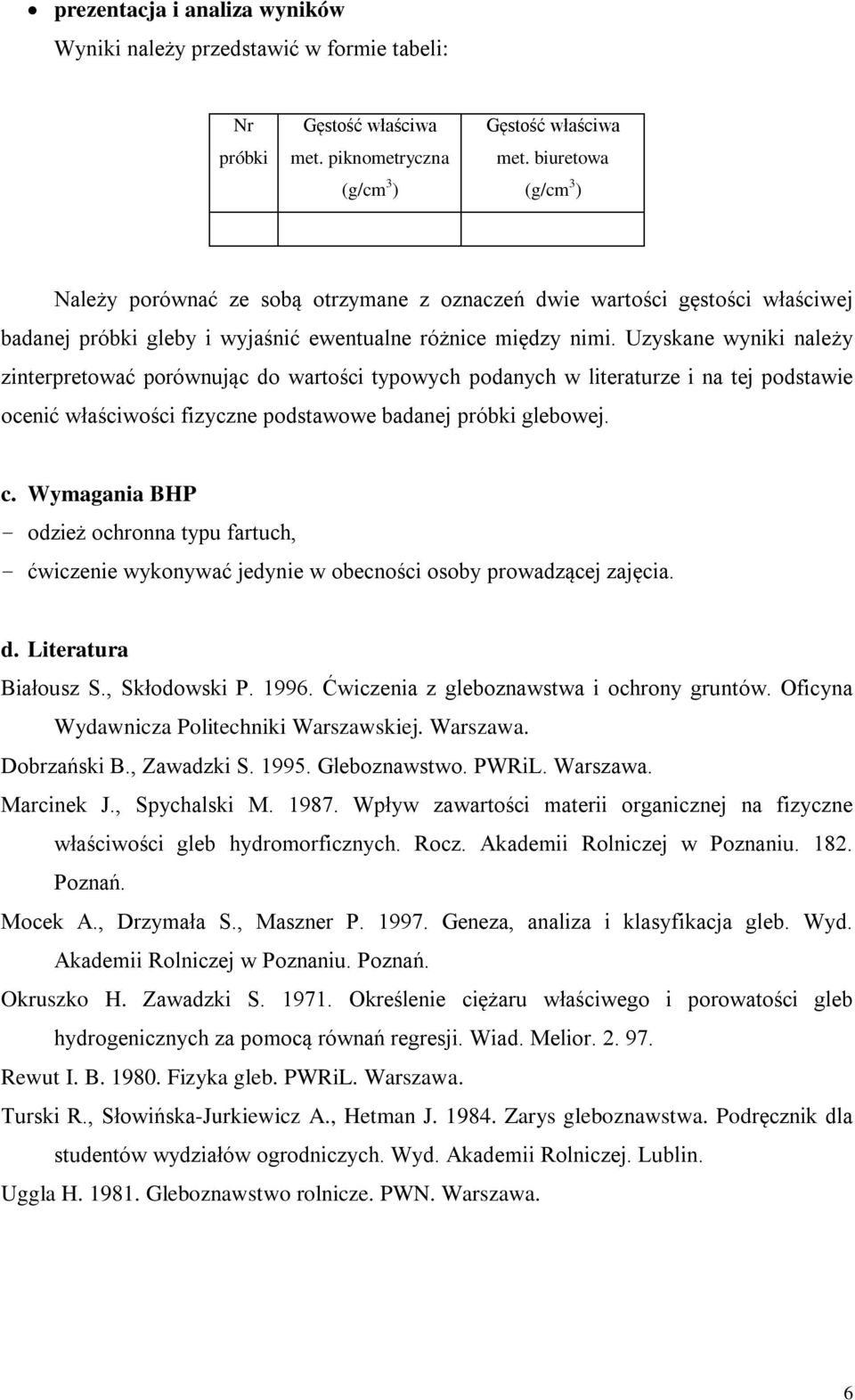 Uzyskane wyniki należy zinterpretować porównując do wartości typowych podanych w literaturze i na tej podstawie ocenić właściwości fizyczne podstawowe badanej próbki glebowej. c.
