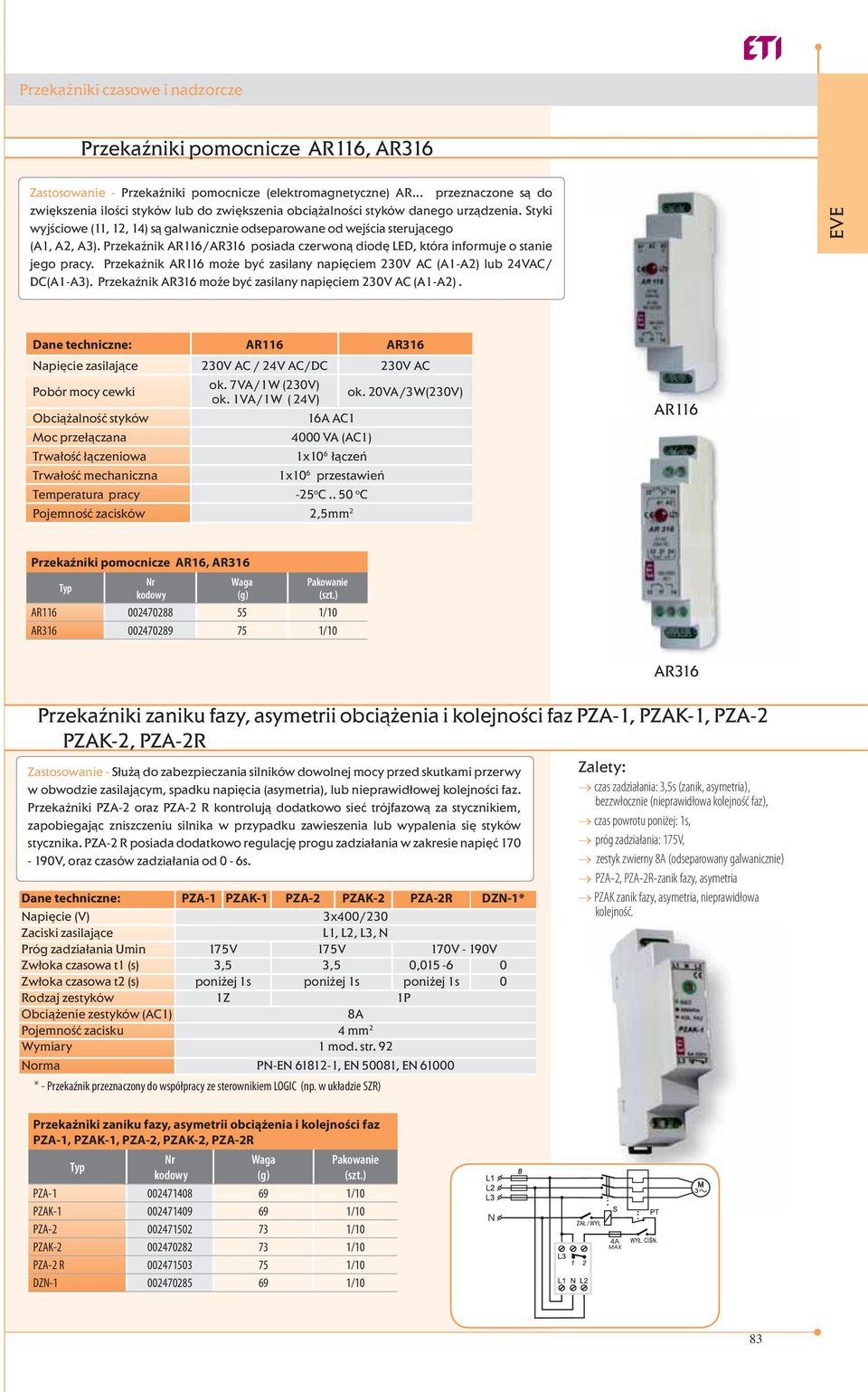 Przekaźnik AR116/AR316 posiada czerwoną diodę LED, która informuje o stanie jego pracy. Przekaźnik AR116 może być zasilany napięciem 230 AC (A1-A2) lub 24AC/ DC(A1-A3).