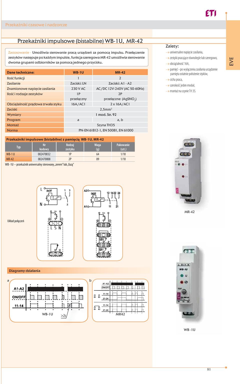 Dane techniczne: WB-1U MR-42 Ilość funkcji 1 2 Zasilanie Zaciski: LN Zaciski: A1 - A2 Znamionowe napięcie zasilania 230 AC AC/DC 12-240 (AC 50-60Hz) Ilość i rodzaje zestyków 1P przełączny 2P