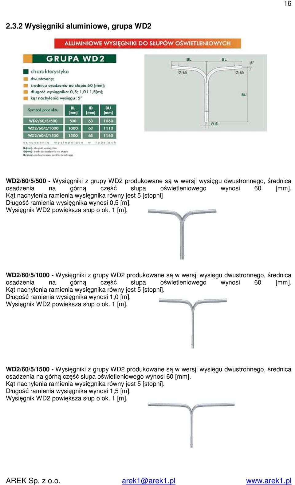 wysięgnika równy jest 5 [stopni] Długość ramienia wysięgnika wynosi 0,5 [m]. Wysięgnik WD2 powiększa słup o ok. 1 [m].