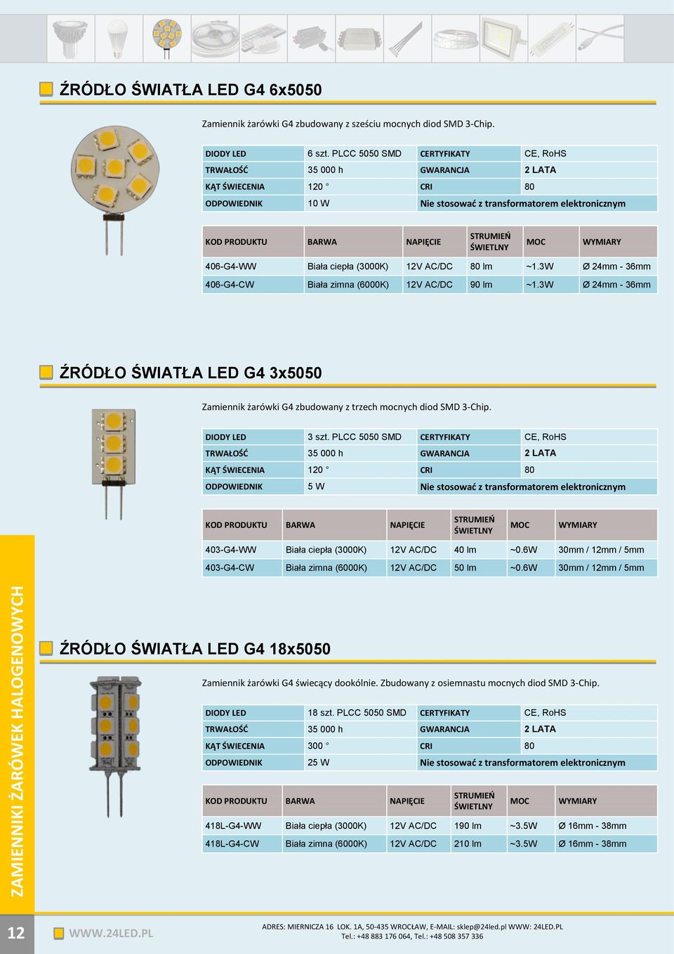 3W Ø 24mm - 36mm 406-G4-CW Biała zimna (6000K) 12V AC/DC 90 lm ~1.3W Ø 24mm - 36mm ŹRÓDŁO ŚWIATŁA LED G4 3x5050 Zamiennik żarówki G4 zbudowany z trzech mocnych diod SMD 3-Chip. DIODY LED 3 szt.