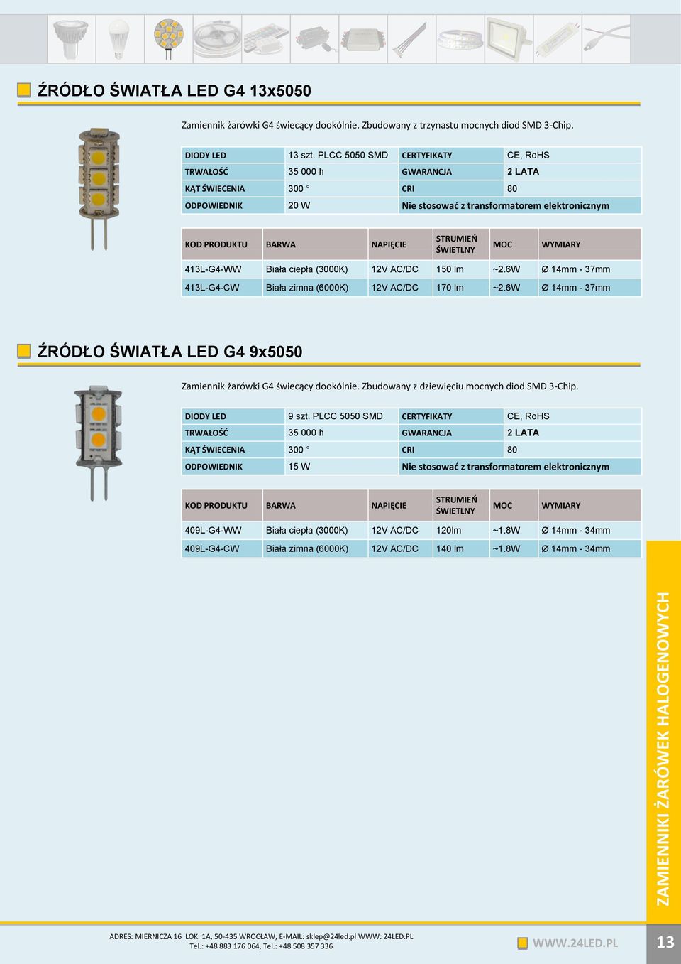 6W Ø 14mm - 37mm 413L-G4-CW Biała zimna (6000K) 12V AC/DC 170 lm ~2.6W Ø 14mm - 37mm ŹRÓDŁO ŚWIATŁA LED G4 9x5050 Zamiennik żarówki G4 świecący dookólnie.