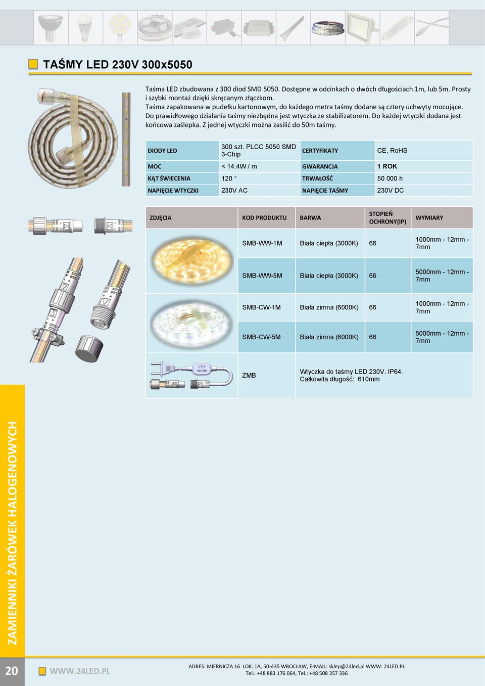 Do każdej wtyczki dodana jest końcowa zaślepka. Z jednej wtyczki można zasilić do 50m taśmy. DIODY LED 300 szt. PLCC 5050 SMD 3-Chip CERTYFIKATY CE, RoHS < 14.