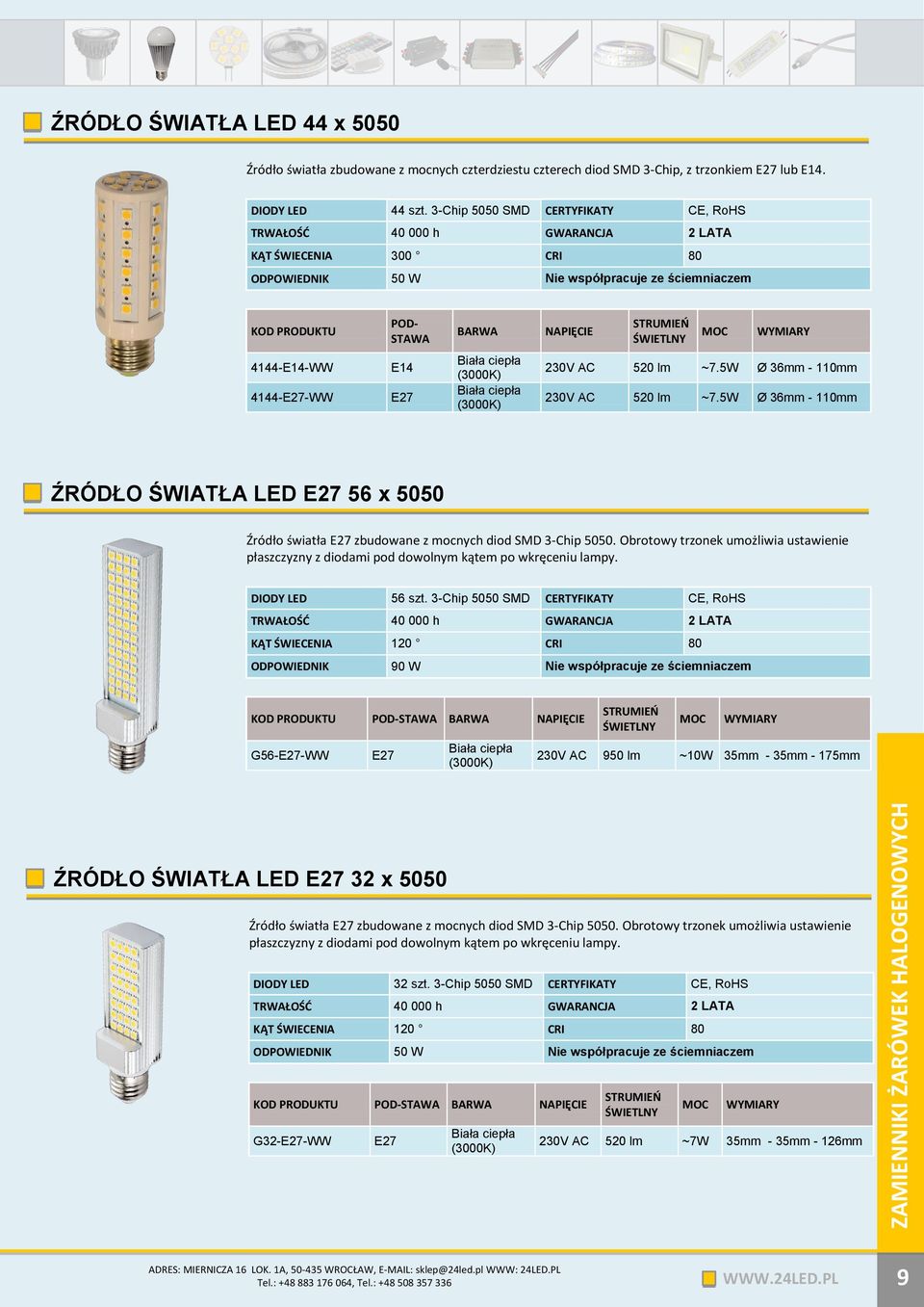 5W Ø 36mm - 110mm ŹRÓDŁO ŚWIATŁA LED E27 56 x 5050 Źródło światła E27 zbudowane z mocnych diod SMD 3-Chip 5050.