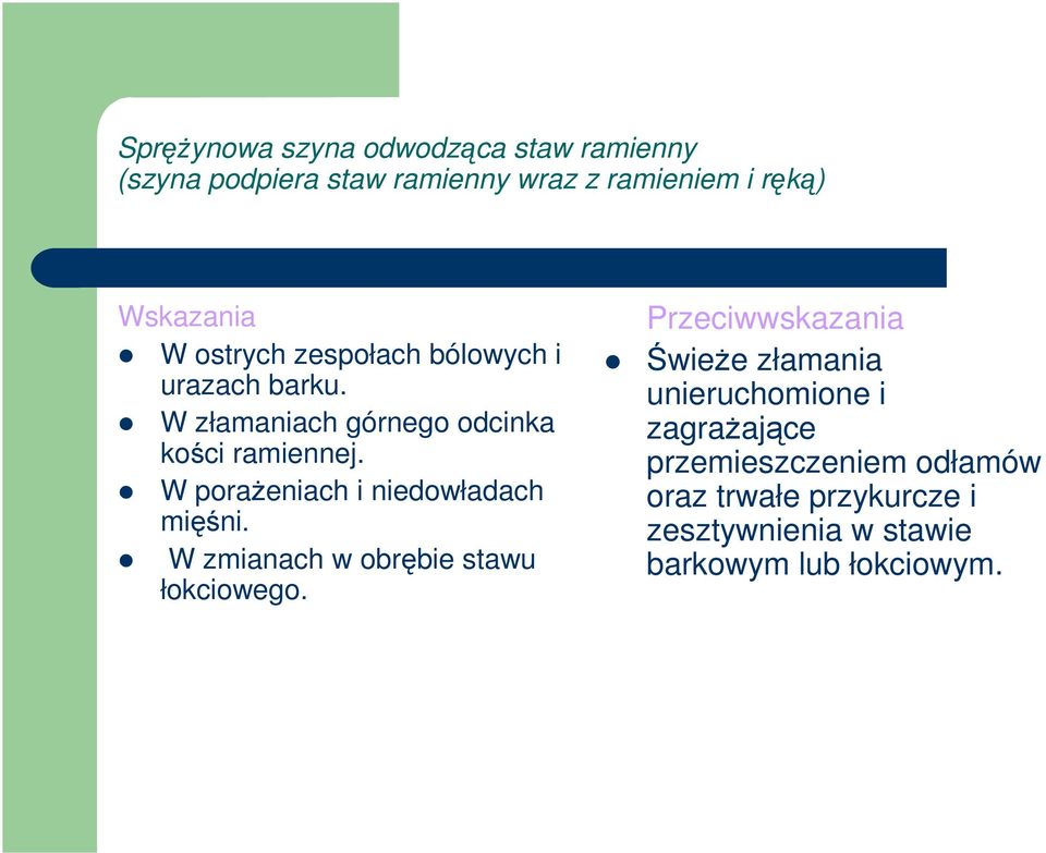 W porażeniach i niedowładach mięśni. W zmianach w obrębie stawu łokciowego.