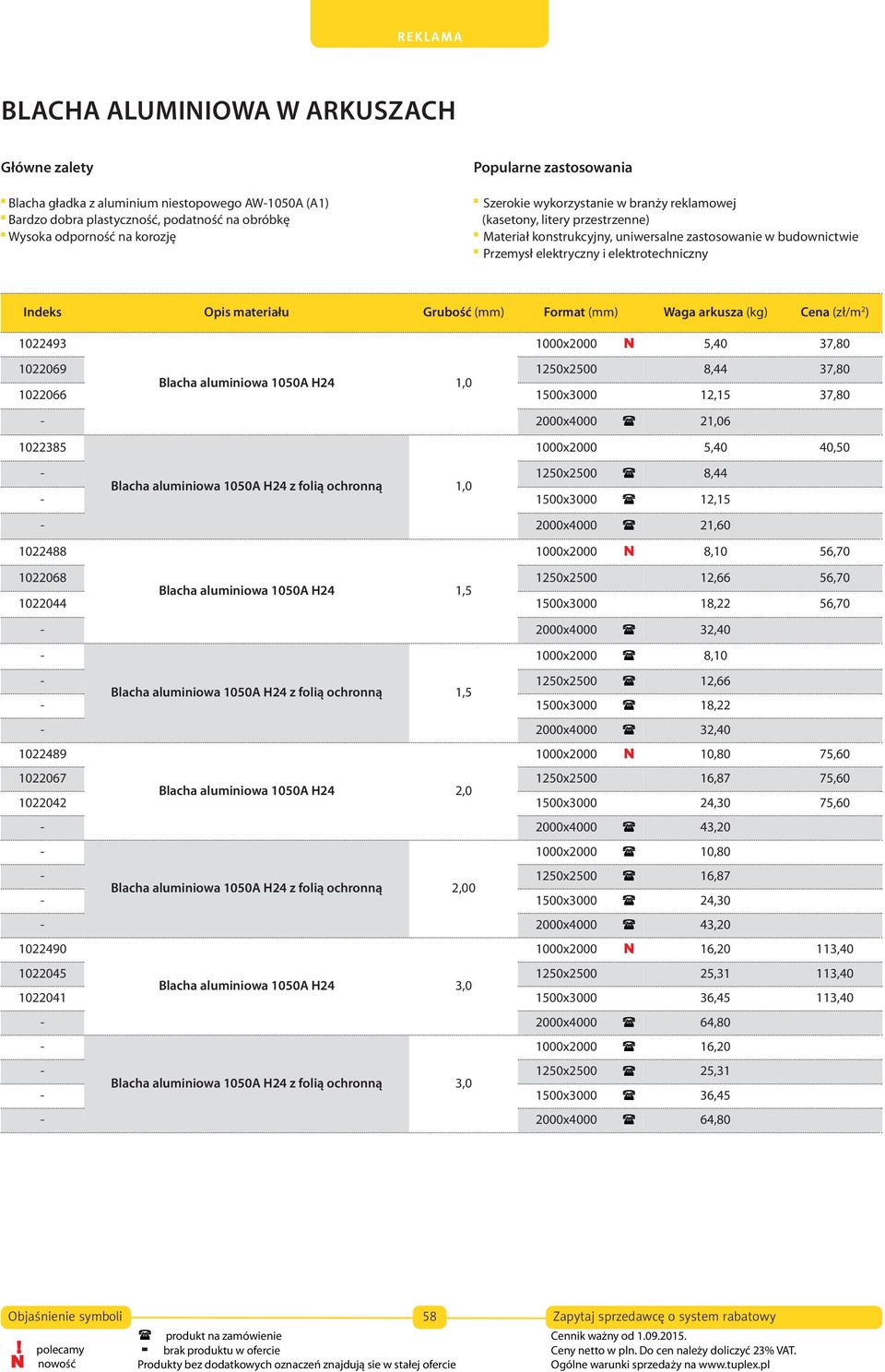 Opis materiału Grubość (mm) Format (mm) Waga arkusza (kg) (zł/m 2 ) 1022493 1000x2000 N 5,40 37,80 1022069 1250x2500 8,44 37,80 1022066 Blacha aluminiowa 1050A H24 1,0 1500x3000 12,15 37,80 2000x4000