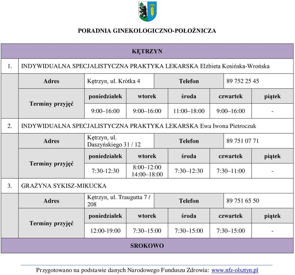 INDYWIDUALNA SPECJALISTYCZNA PRAKTYKA LEKARSKA Ewa Iwona Pietroczuk Kętrzyn, ul.