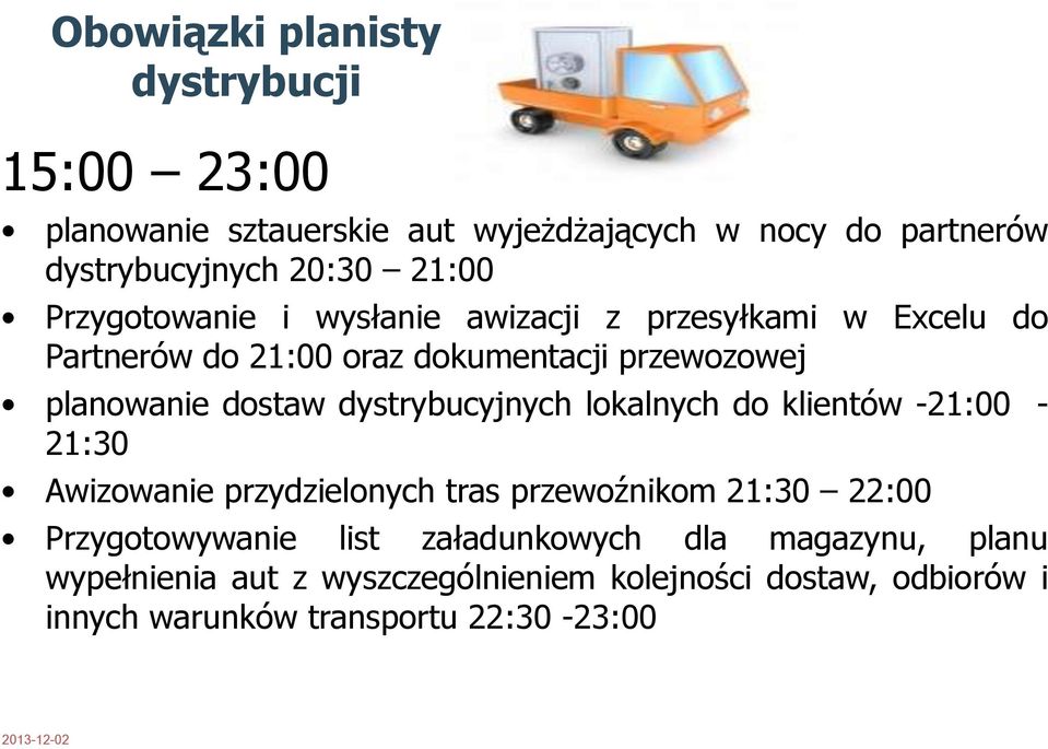 dostaw dystrybucyjnych lokalnych do klientów -21:00-21:30 Awizowanie przydzielonych tras przewoźnikom 21:30 22:00 Przygotowywanie