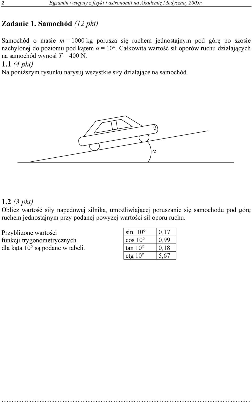 Całkowita wartość sił oporów ruchu działających na samochód wynosi T = 400 N. 1.1 (4 pkt) Na poniższym rysunku narysuj wszystkie siły działające na samochód. α 1.