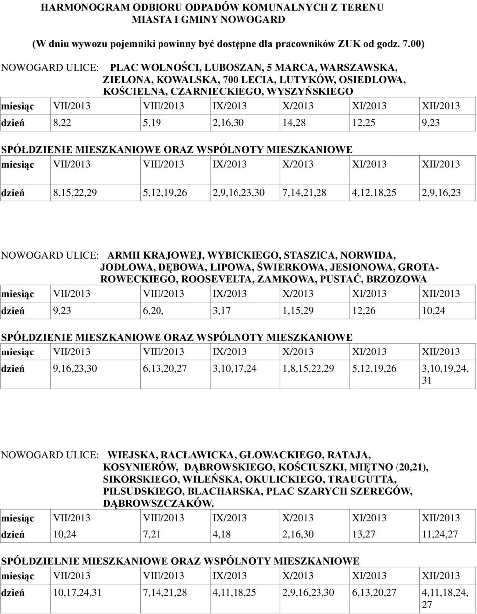 SPÓŁDZIENIE MIESZKANIOWE ORAZ WSPÓLNOTY MIESZKANIOWE dzień 8,15,22,29 5,12,19,26 2,9,16,23,30 7,14,21,28 4,12,18,25 2,9,16,23 NOWOGARD ULICE: ARMII KRAJOWEJ, WYBICKIEGO, STASZICA, NORWIDA, JODŁOWA,