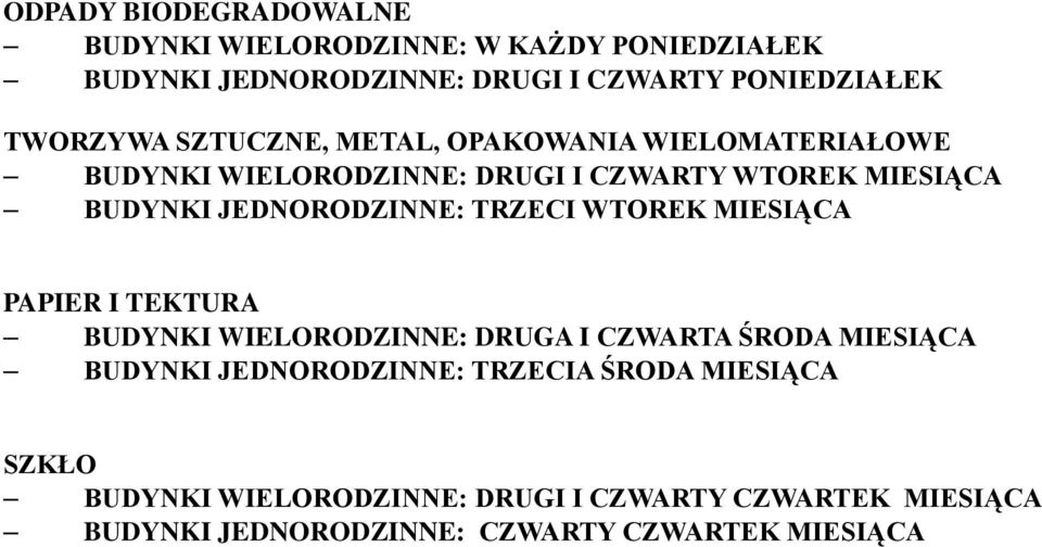 JEDNORODZINNE: TRZECI WTOREK MIESIĄCA PAPIER I TEKTURA BUDYNKI WIELORODZINNE: DRUGA I CZWARTA ŚRODA MIESIĄCA BUDYNKI