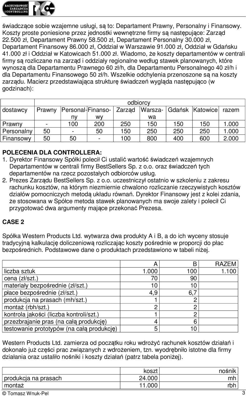 Wiadomo, że koszty departamentów w centrali firmy są rozliczane na zarząd i oddziały regionalne według stawek planowanych, które wynoszą dla Departamentu Prawnego 60 zł/h, dla Departamentu