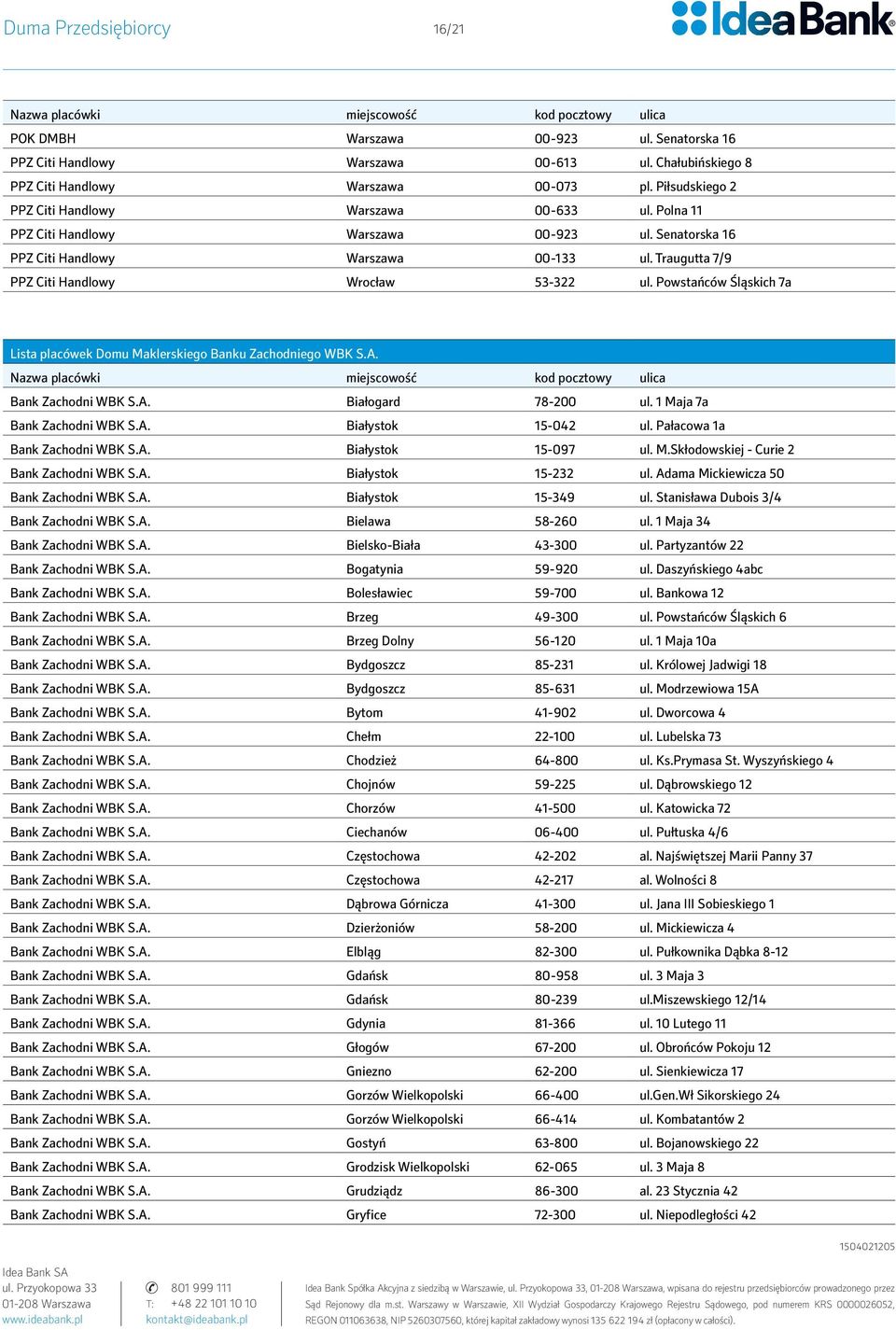 Traugutta 7/9 PPZ Citi Handlowy Wrocław 53-322 ul. Powstańców Śląskich 7a Lista placówek Domu Maklerskiego Banku Zachodniego WBK S.A. Bank Zachodni WBK S.A. Białogard 78-200 ul.