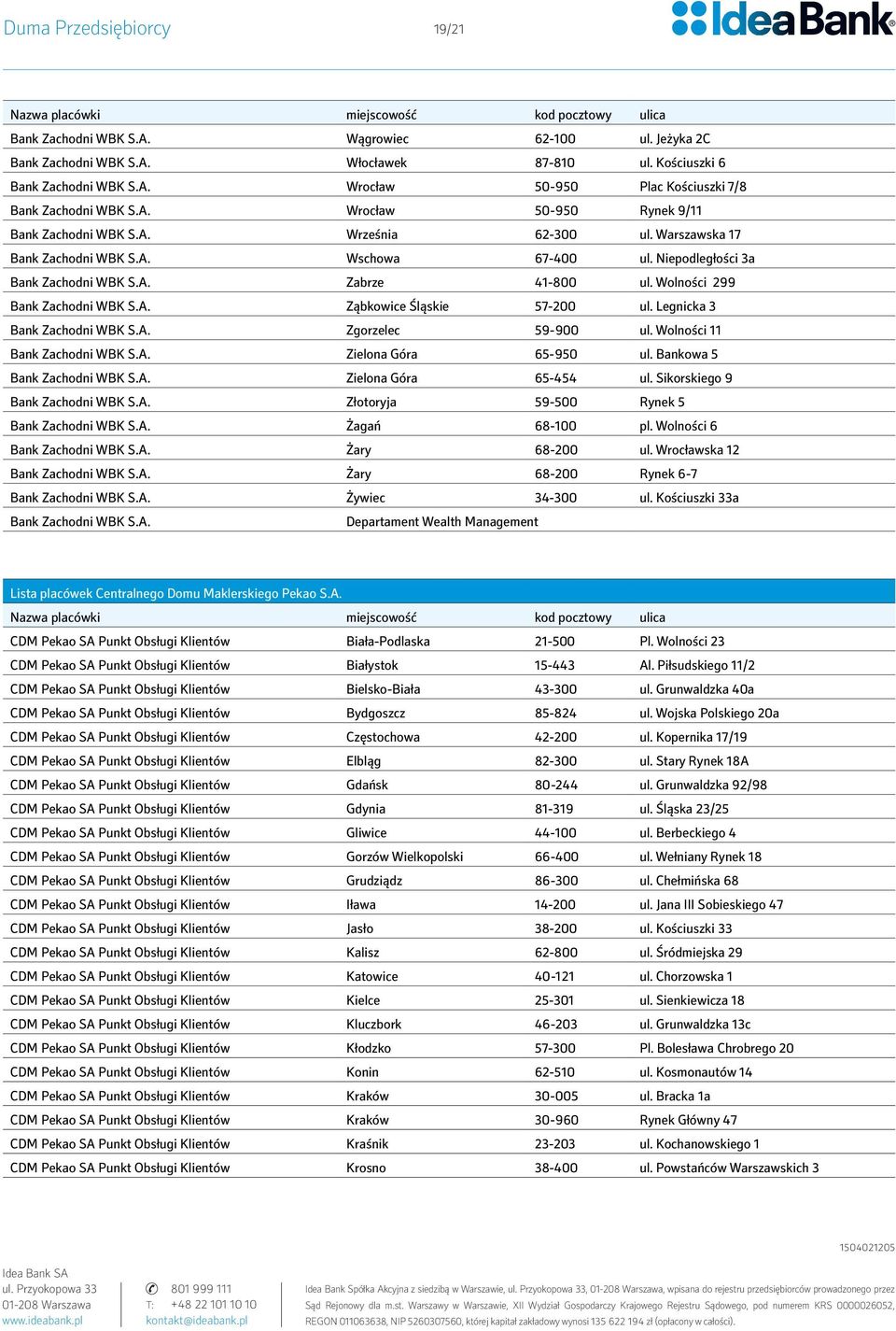 Wolności 299 Bank Zachodni WBK S.A. Ząbkowice Śląskie 57-200 ul. Legnicka 3 Bank Zachodni WBK S.A. Zgorzelec 59-900 ul. Wolności 11 Bank Zachodni WBK S.A. Zielona Góra 65-950 ul.