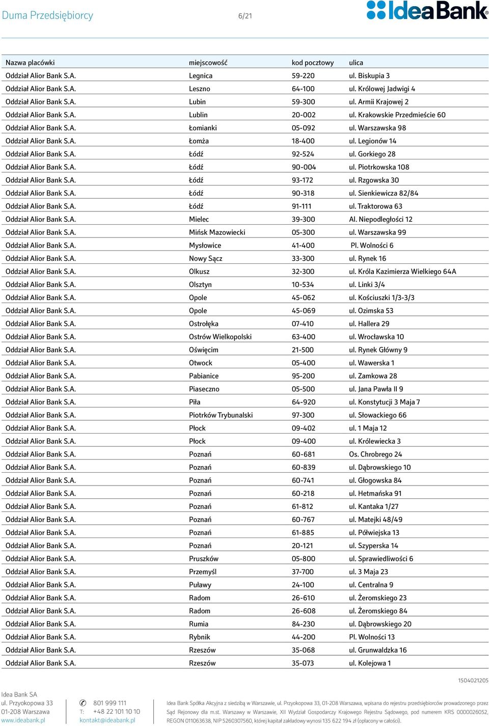 Legionów 14 Oddział Alior Bank S.A. Łódź 92-524 ul. Gorkiego 28 Oddział Alior Bank S.A. Łódź 90-004 ul. Piotrkowska 108 Oddział Alior Bank S.A. Łódź 93-172 ul. Rzgowska 30 Oddział Alior Bank S.A. Łódź 90-318 ul.