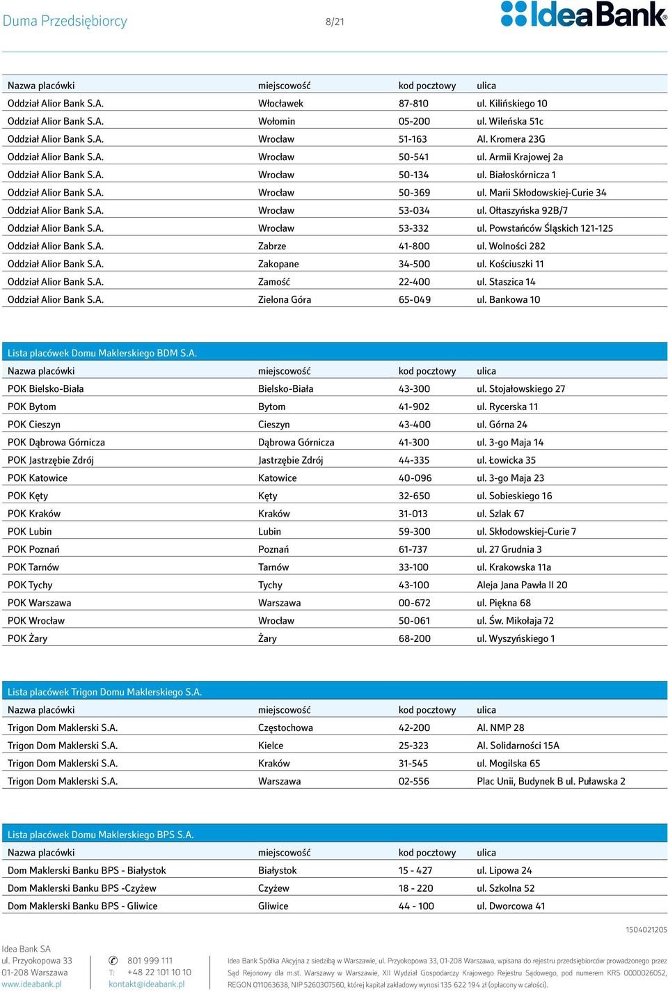 Marii Skłodowskiej-Curie 34 Oddział Alior Bank S.A. Wrocław 53-034 ul. Ołtaszyńska 92B/7 Oddział Alior Bank S.A. Wrocław 53-332 ul. Powstańców Śląskich 121-125 Oddział Alior Bank S.A. Zabrze 41-800 ul.