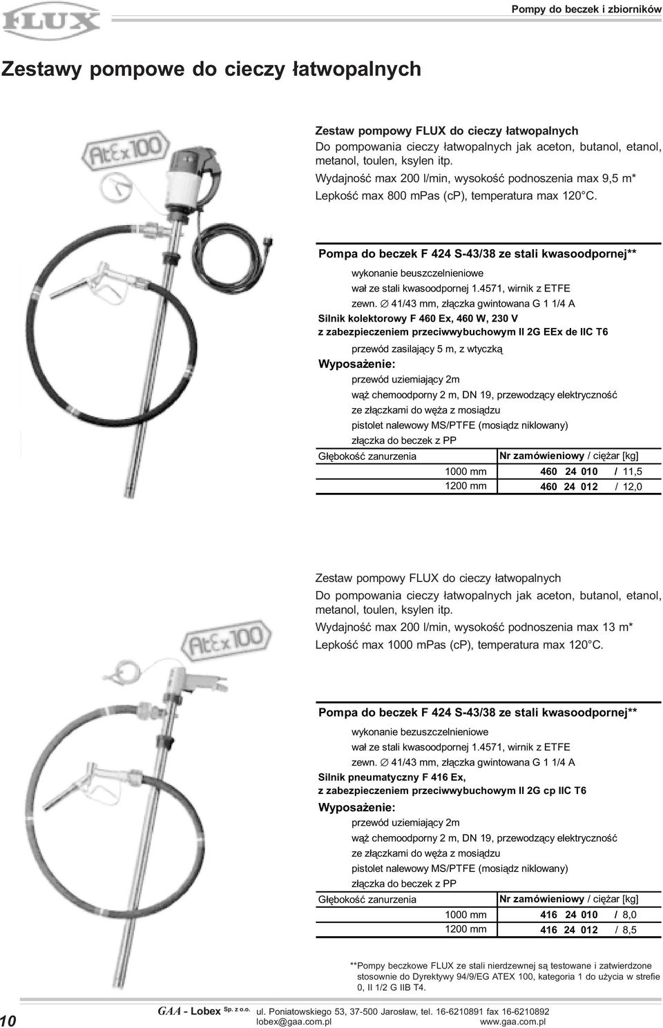 Pompa do beczek F 424 S-43/38 ze stali kwasoodpornej** wykonanie beuszczelnieniowe wa³ ze stali kwasoodpornej 1.4571, wirnik z ETFE zewn.