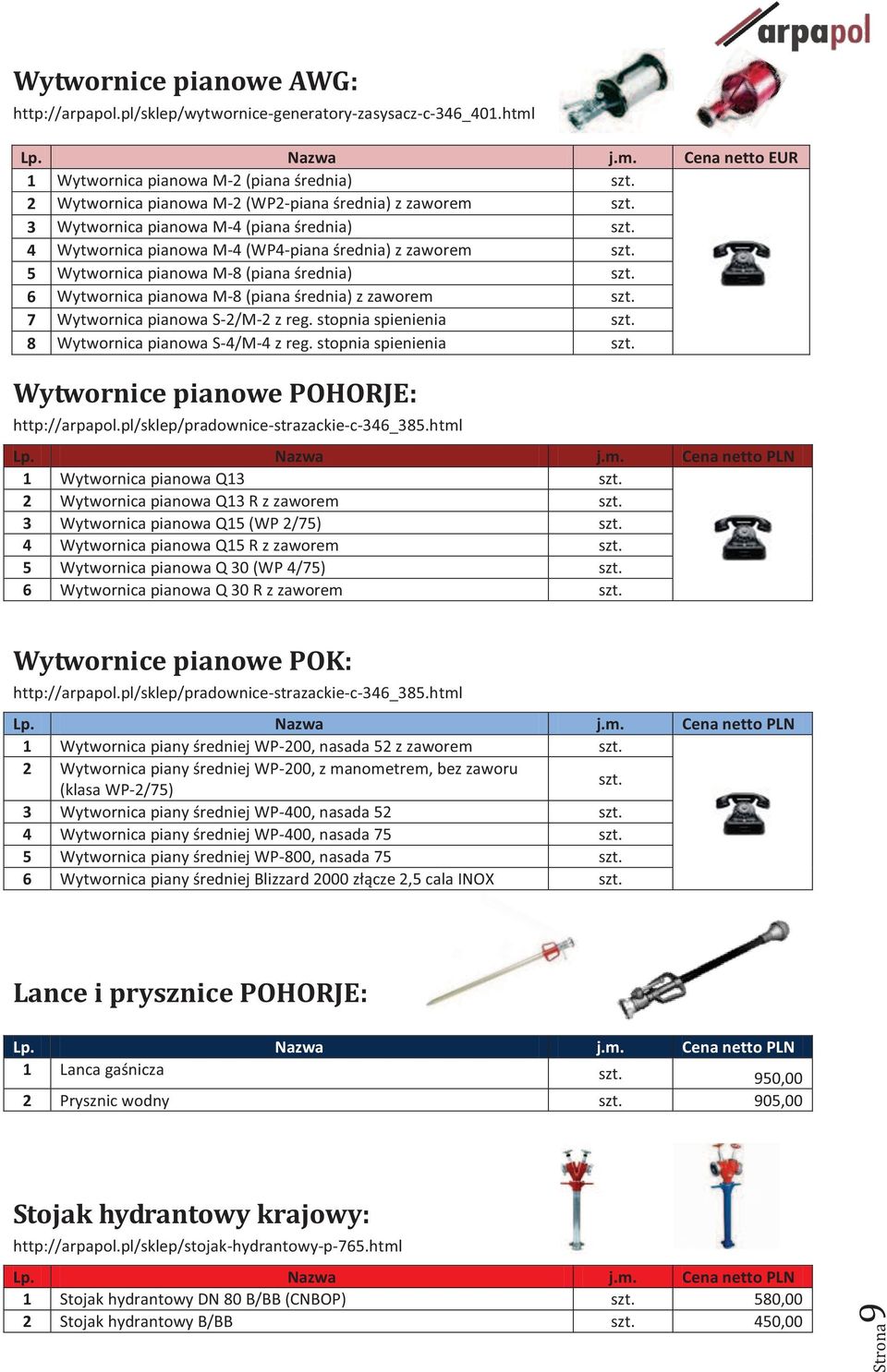 Cena netto EUR 1 Wytwornica pianowa M-2 (piana średnia) 2 Wytwornica pianowa M-2 (WP2-piana średnia) z zaworem 3 Wytwornica pianowa M-4 (piana średnia) 4 Wytwornica pianowa M-4 (WP4-piana średnia) z