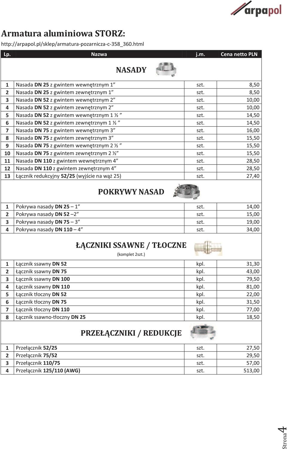 DN 52 z gwintem wewnętrznym 1 ½ 14,50 6 Nasada DN 52 z gwintem zewnętrznym 1 ½ 14,50 7 Nasada DN 75 z gwintem wewnętrznym 3 16,00 8 Nasada DN 75 z gwintem zewnętrznym 3 15,50 9 Nasada DN 75 z gwintem