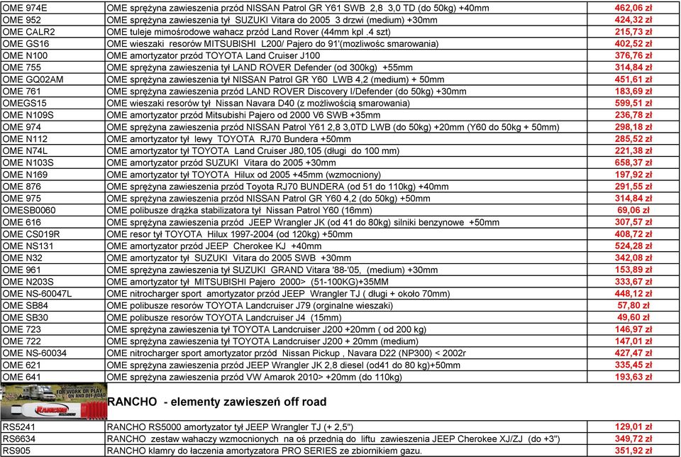 4 szt) 215,73 zł OME GS16 OME wieszaki resorów MITSUBISHI L200/ Pajero do 91'(mozliwośc smarowania) 402,52 zł OME N100 OME amortyzator przód TOYOTA Land Cruiser J100 376,76 zł OME 755 OME sprężyna