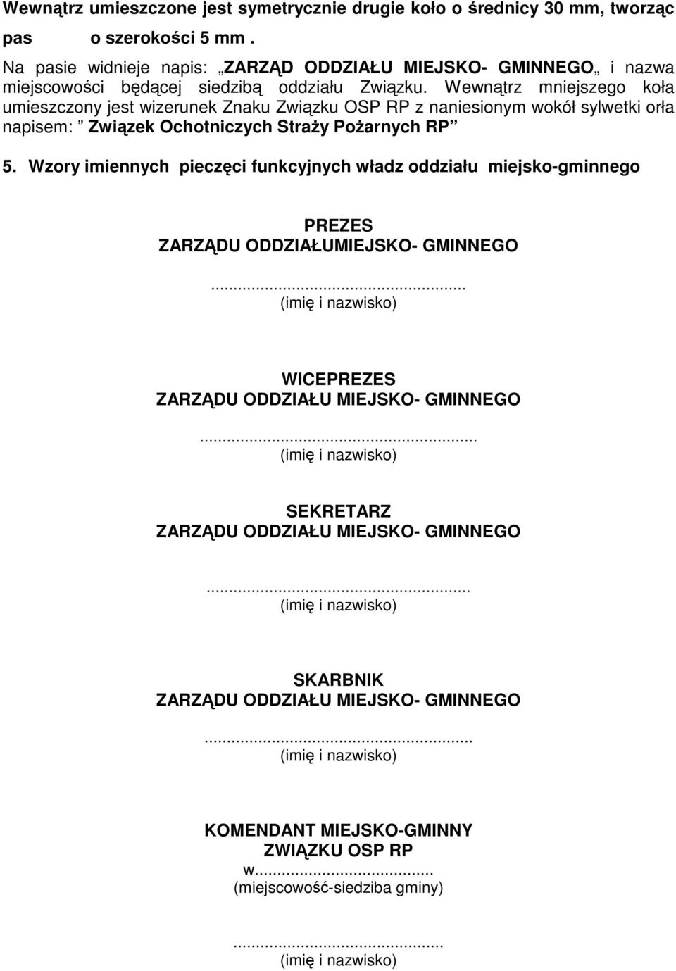 Wewnątrz mniejszego koła umieszczony jest wizerunek Znaku Związku OSP RP z naniesionym wokół sylwetki orła napisem: RP 5.