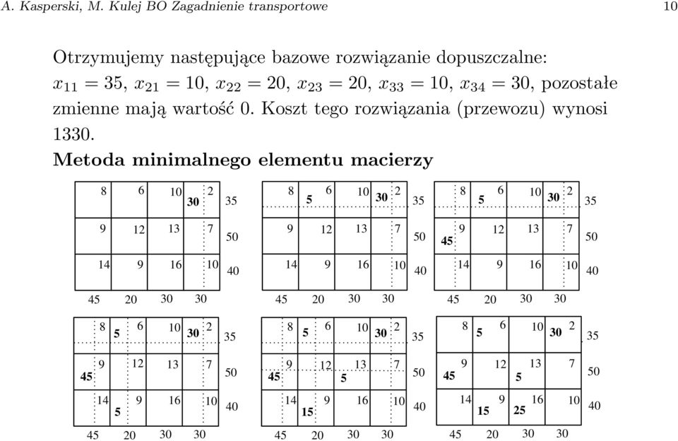 x 21 =, x 22 = 20, x 23 = 20, x 33 =, x 34 = 30,pozostałe zmienne mają wartość 0.