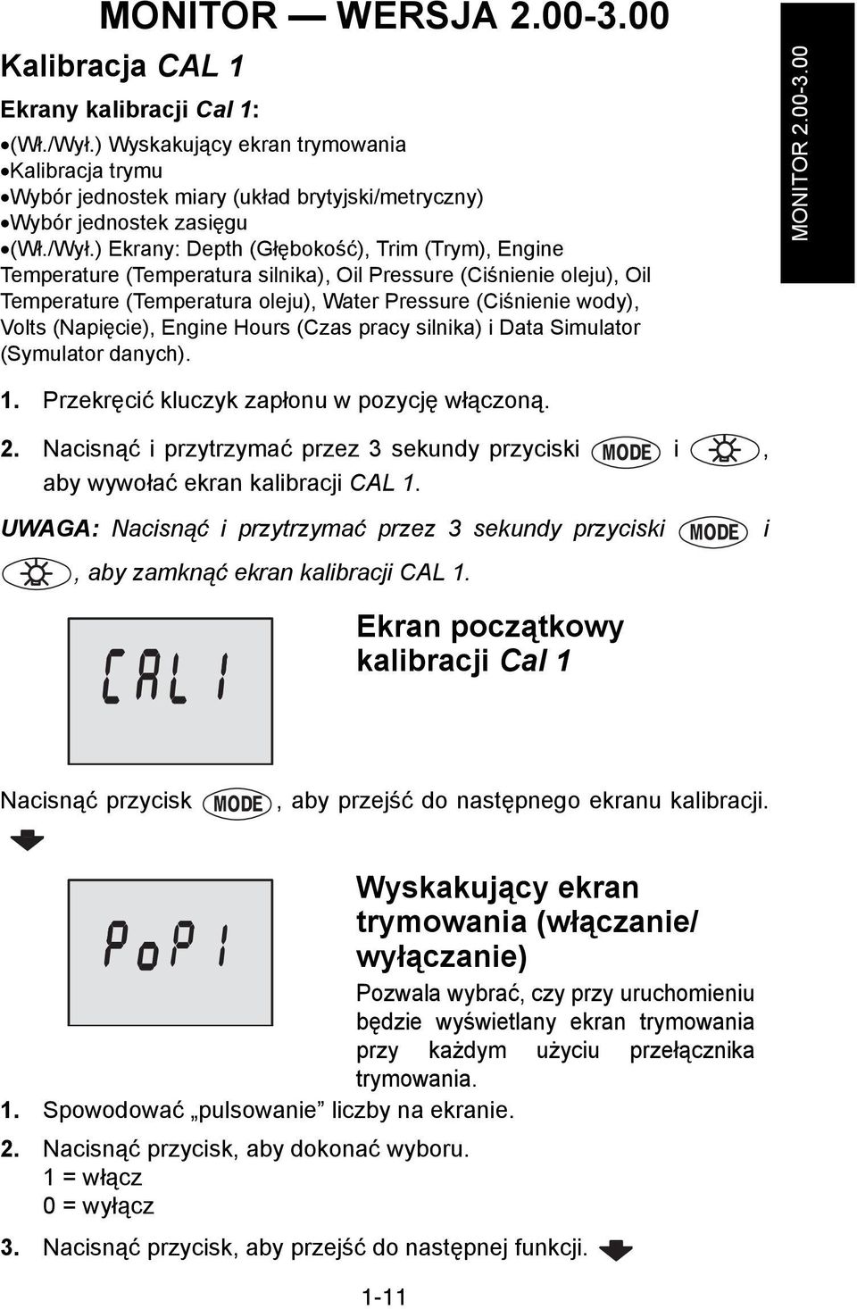 ) Ekrany: Depth (Głębokość), Trim (Trym), Engine Temperature (Temperatura silnika), Oil Pressure (Ciśnienie oleju), Oil Temperature (Temperatura oleju), Water Pressure (Ciśnienie wody), Volts
