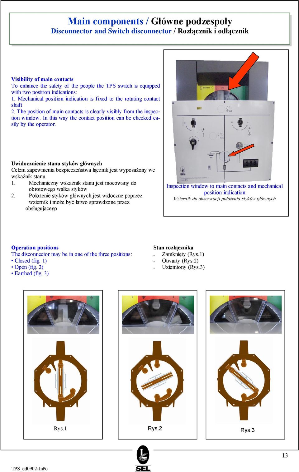 In this way the contact position can be checked easily by the operator. Uwidocznienie stanu styków głównych Celem zapewnienia bezpieczeństwa łącznik jest wyposażony we wskaźnik stanu. 1.