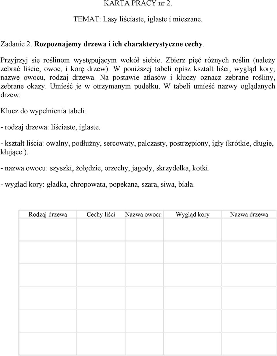 Na postawie atlasów i kluczy oznacz zebrane rośliny, zebrane okazy. Umieść je w otrzymanym pudełku. W tabeli umieść nazwy oglądanych drzew.