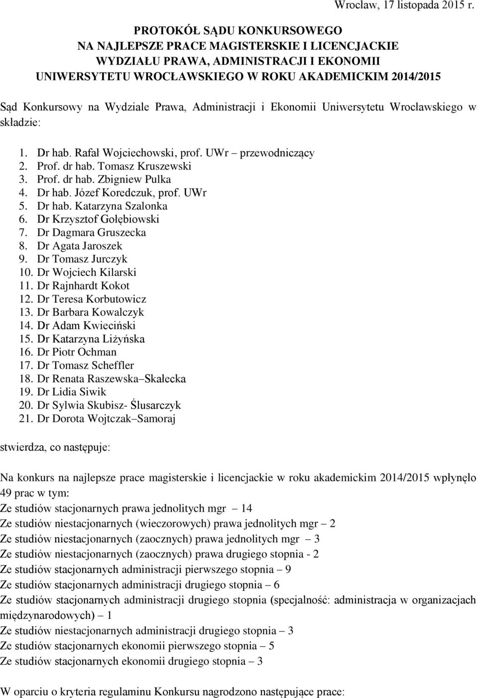 Administracji i Ekonomii Uniwersytetu Wrocławskiego w składzie: 1. Dr hab. Rafał Wojciechowski, prof. UWr przewodniczący 2. Prof. dr hab. Tomasz Kruszewski 3. Prof. dr hab. Zbigniew Pulka 4. Dr hab. Józef Koredczuk, prof.