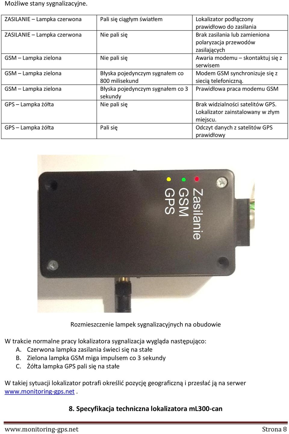 zasilających GSM Lampka zielona Nie pali się Awaria modemu skontaktuj się z serwisem GSM Lampka zielona Błyska pojedynczym sygnałem co 800 milisekund Modem GSM synchronizuje się z siecią telefoniczną.