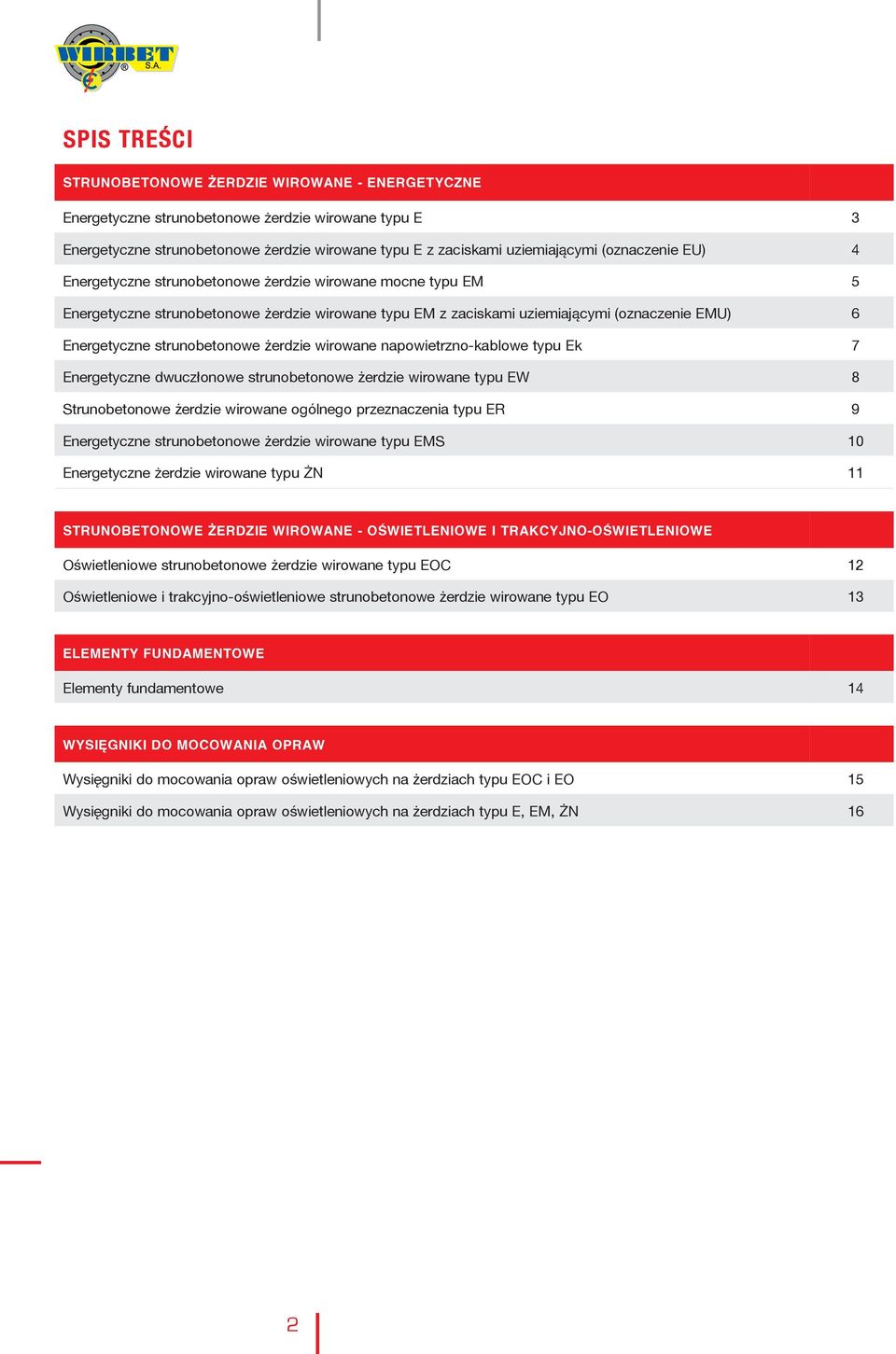 strunobetonowe żerdzie wirowane napowietrzno-kablowe typu Ek 7 Energetyczne dwuczłonowe strunobetonowe żerdzie wirowane typu EW 8 Strunobetonowe żerdzie wirowane ogólnego przeznaczenia typu ER 9