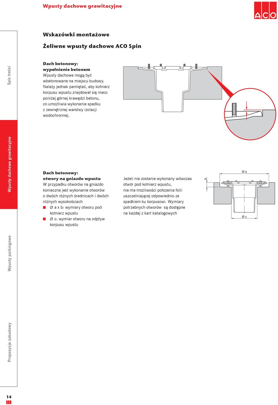 Dach betonowy: otwory na gniazdo wpustu W przypadku otworów na gniazdo konieczne jest wykonanie otworów o dwóch różnych średnicach i dwóch różnych wysokościach a x b: wymiary otworu pod kołnierz