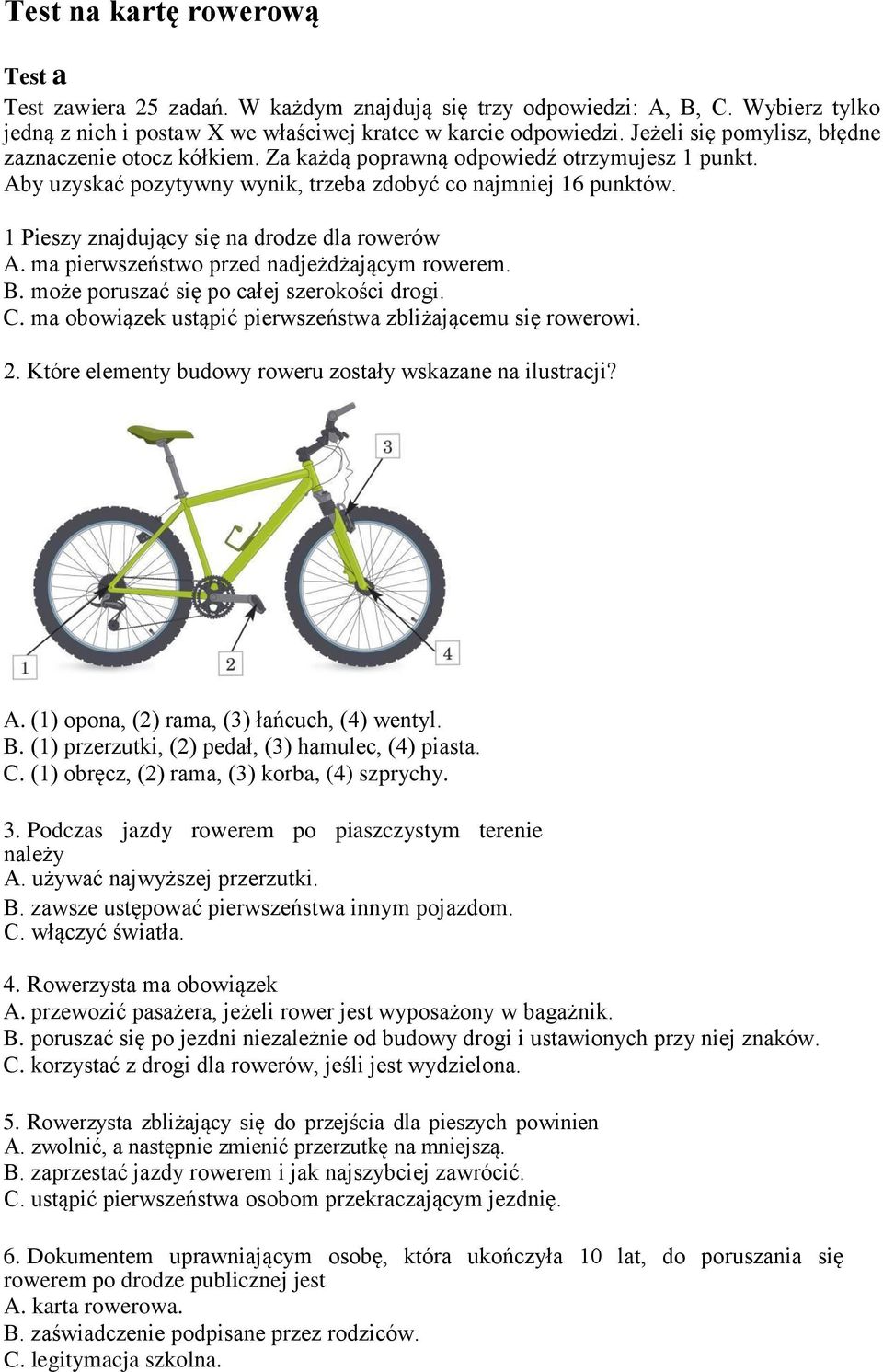 Test na kartę rowerową - PDF Darmowe pobieranie