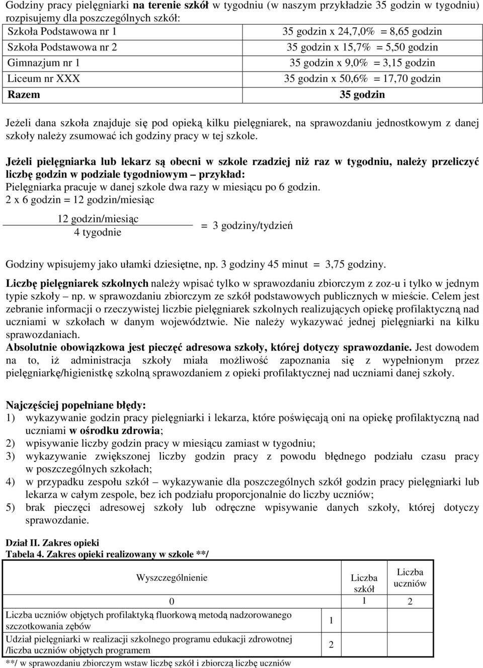 opieką kilku pielęgniarek, na sprawozdaniu jednostkowym z danej szkoły należy zsumować ich godziny pracy w tej szkole.