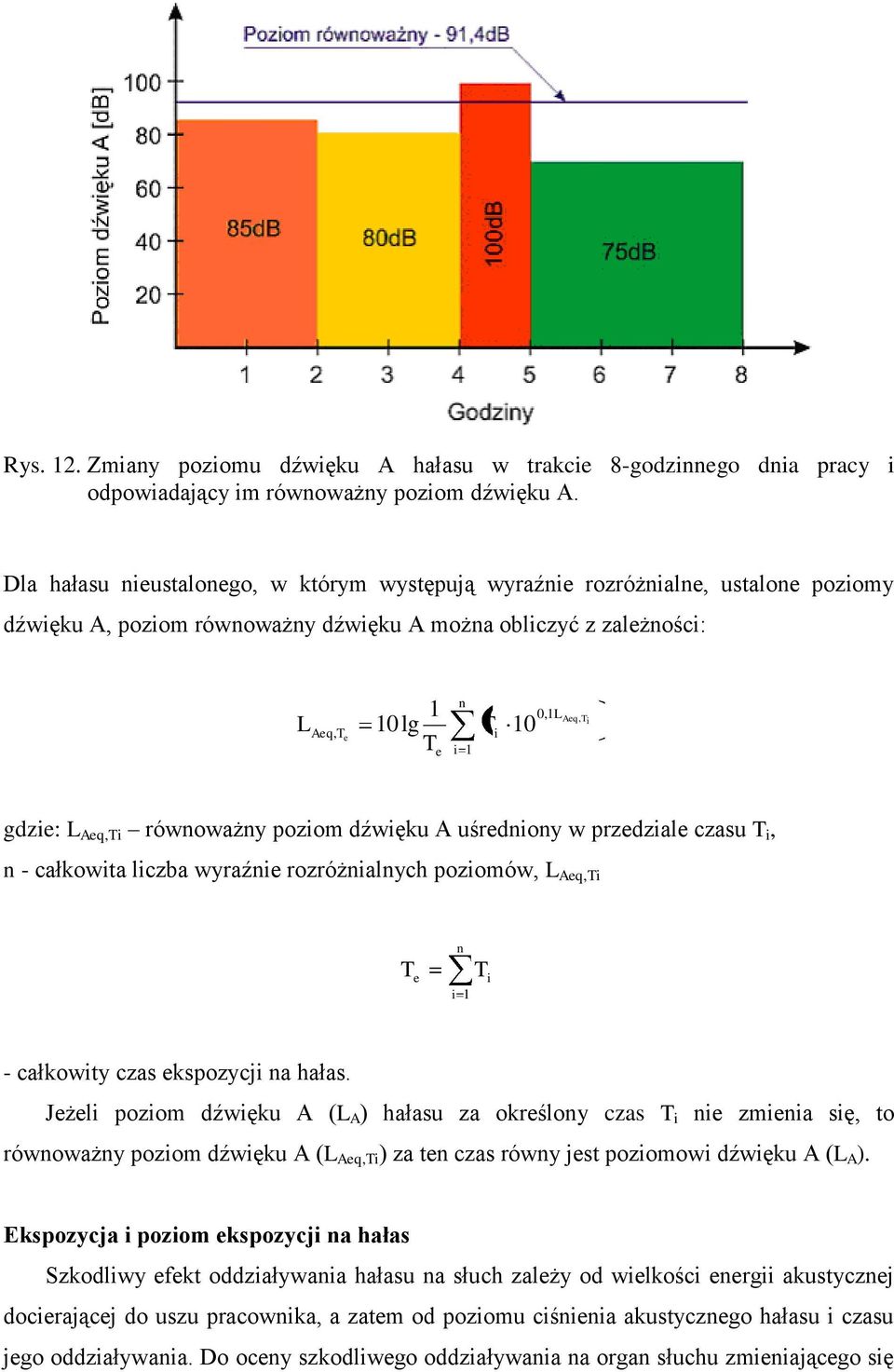 Ti gdzie: L Aeq,Ti równoważny poziom dźwięku A uśredniony w przedziale czasu T i, n - całkowita liczba wyraźnie rozróżnialnych poziomów, L Aeq,Ti n T e T i i 1 - całkowity czas ekspozycji na hałas.