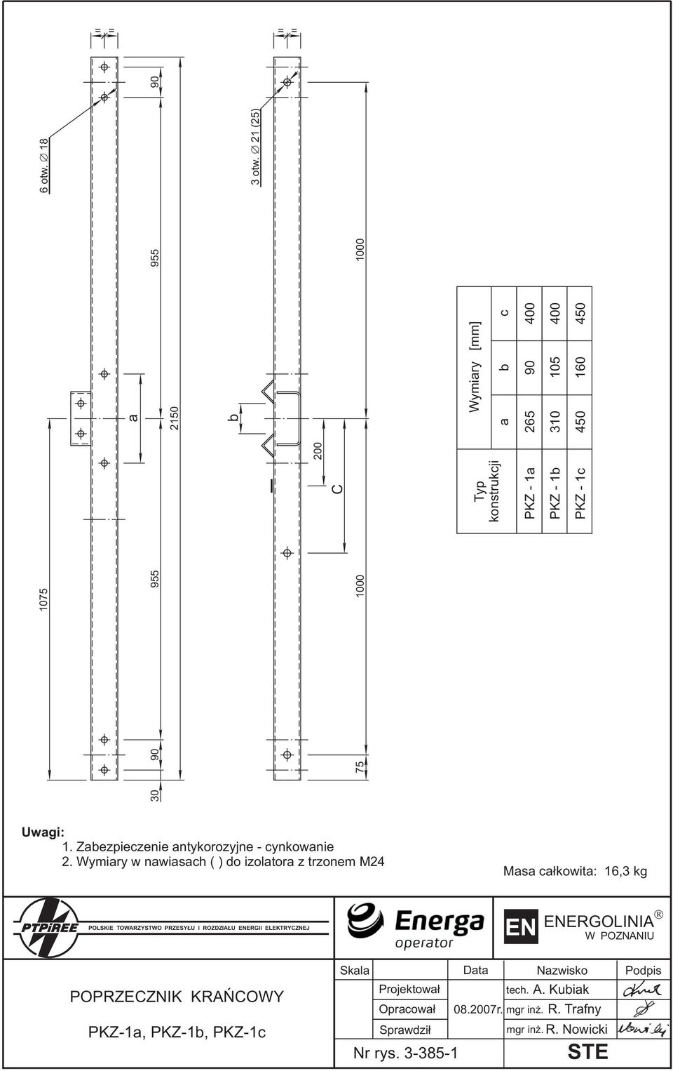 PKZ - 1c 450 160 450 Uwagi: 1. Zabezpieczenie antykorozyjne - cynkowanie 2.