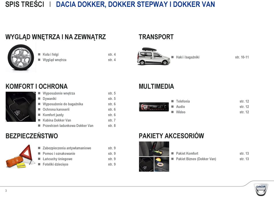 6 Kabina Dokker Van str. 7 Przestrzeń ładunkowa Dokker Van str. 8 BEZPIECZEŃSTWO Zabezpieczenia antywłamaniowe str. 9 Pomoc i oznakowanie str.