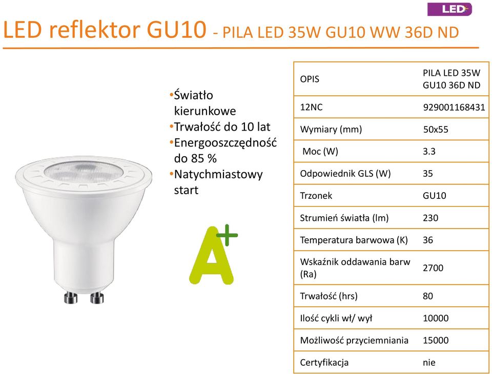 3 Odpowiednik GLS (W) 35 Trzonek 50x55 GU10 Strumień światła (lm) 230 Temperatura barwowa (K) 36 Wskaźnik