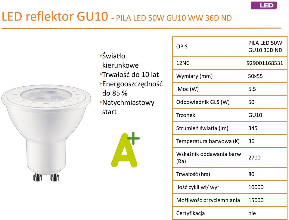 5 Odpowiednik GLS (W) 50 Trzonek GU10 Strumień światła (lm) 345 Temperatura barwowa (K) 36 Wskaźnik