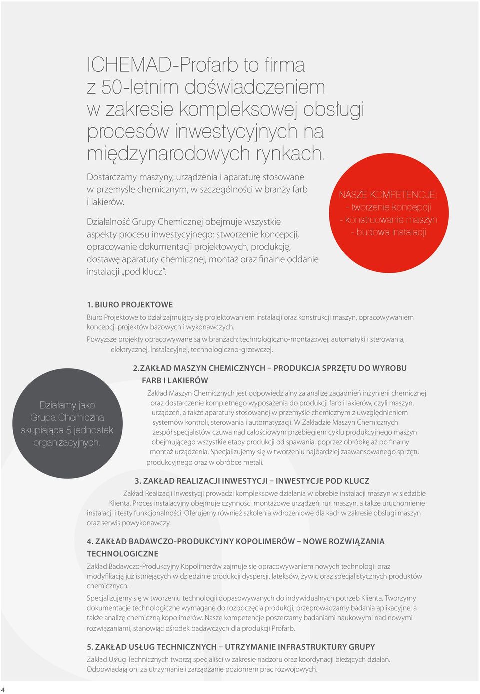 Działalność Grupy Chemicznej obejmuje wszystkie aspekty procesu inwestycyjnego: stworzenie koncepcji, opracowanie dokumentacji projektowych, produkcję, dostawę aparatury chemicznej, montaż oraz