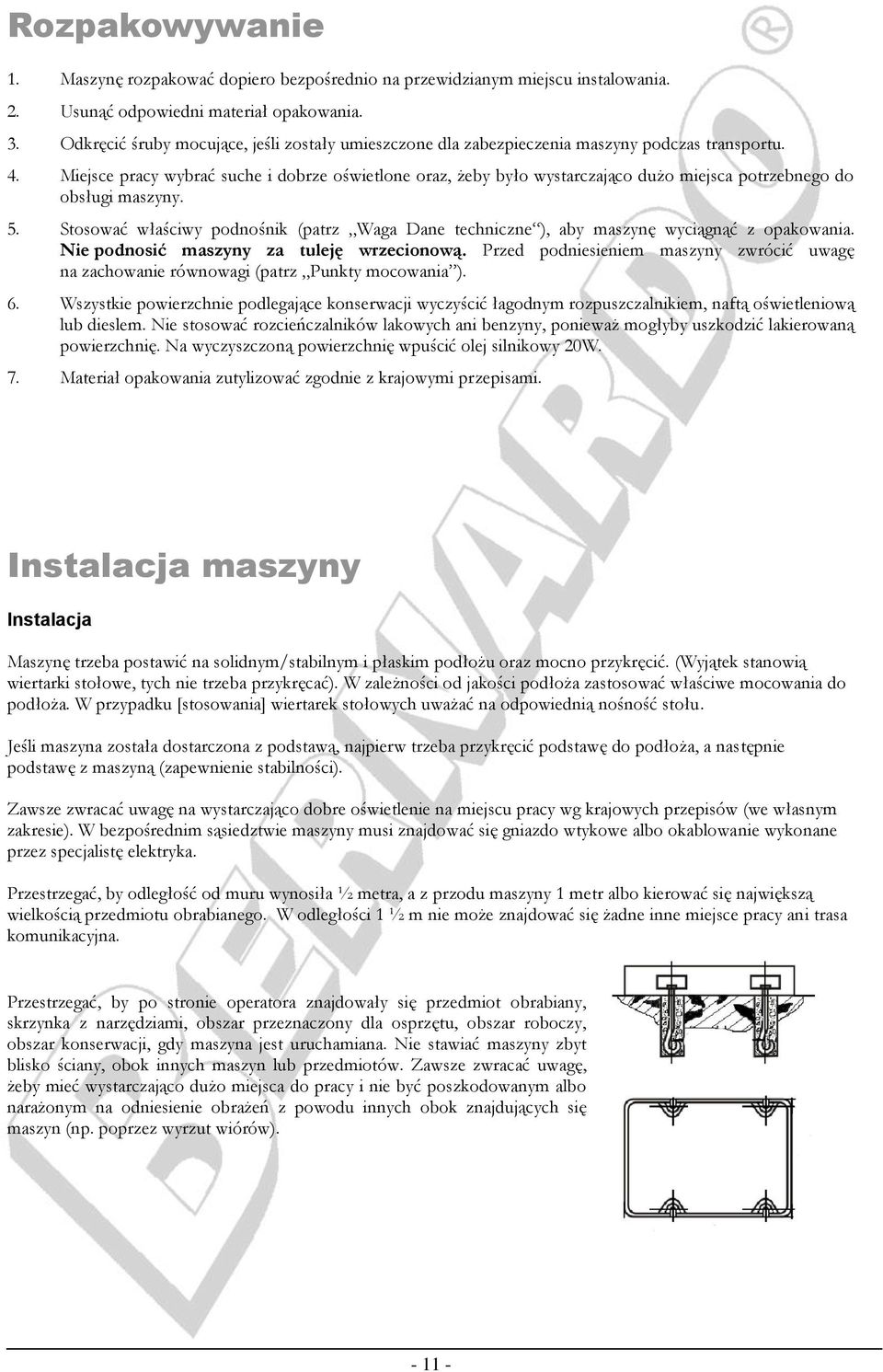 Miejsce pracy wybrać suche i dobrze oświetlone oraz, żeby było wystarczająco dużo miejsca potrzebnego do obsługi maszyny. 5.
