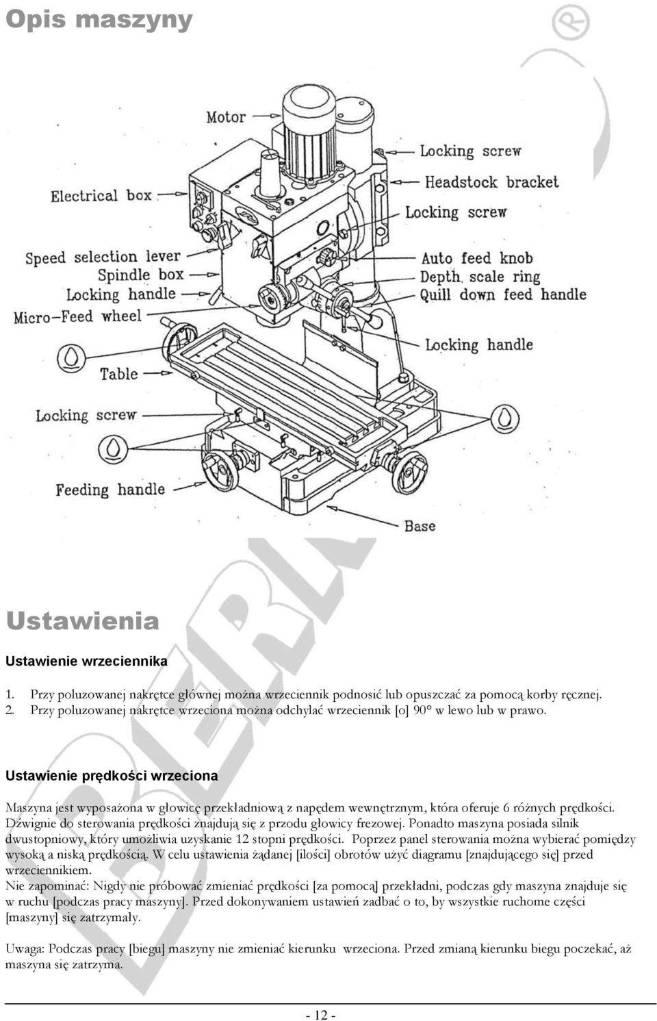 Ustawienie prędkości wrzeciona Maszyna jest wyposażona w głowicę przekładniową z napędem wewnętrznym, która oferuje 6 różnych prędkości.