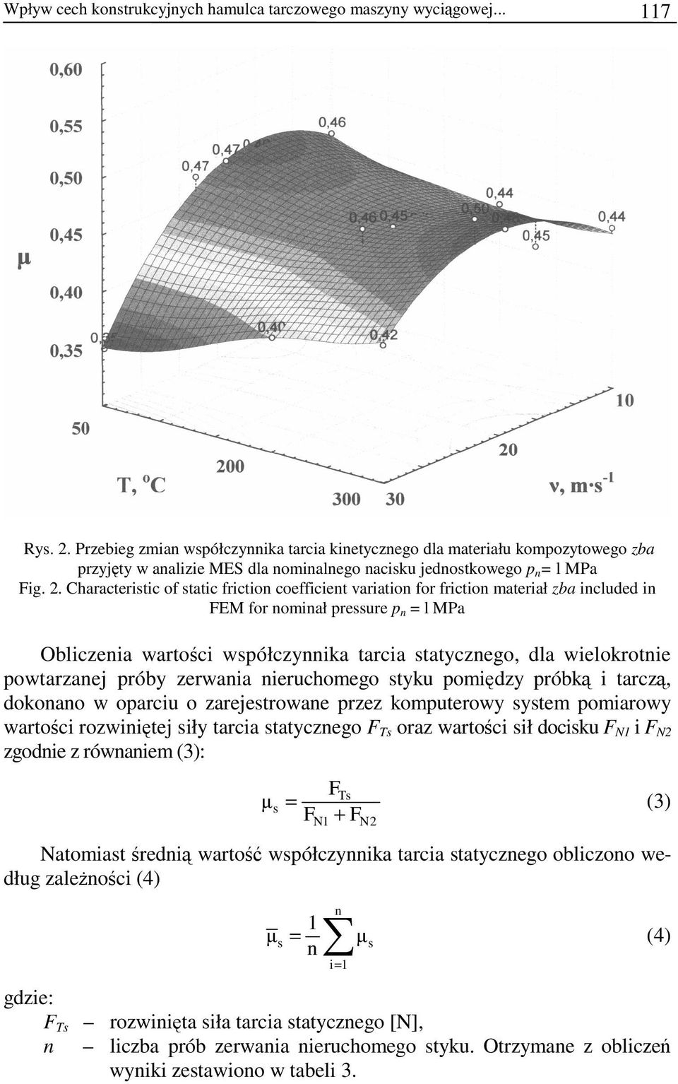 Characteristic of static friction coefficient variation for friction materiał zba included in FEM for nominał pressure p n = l MPa Obliczenia wartości współczynnika tarcia statycznego, dla