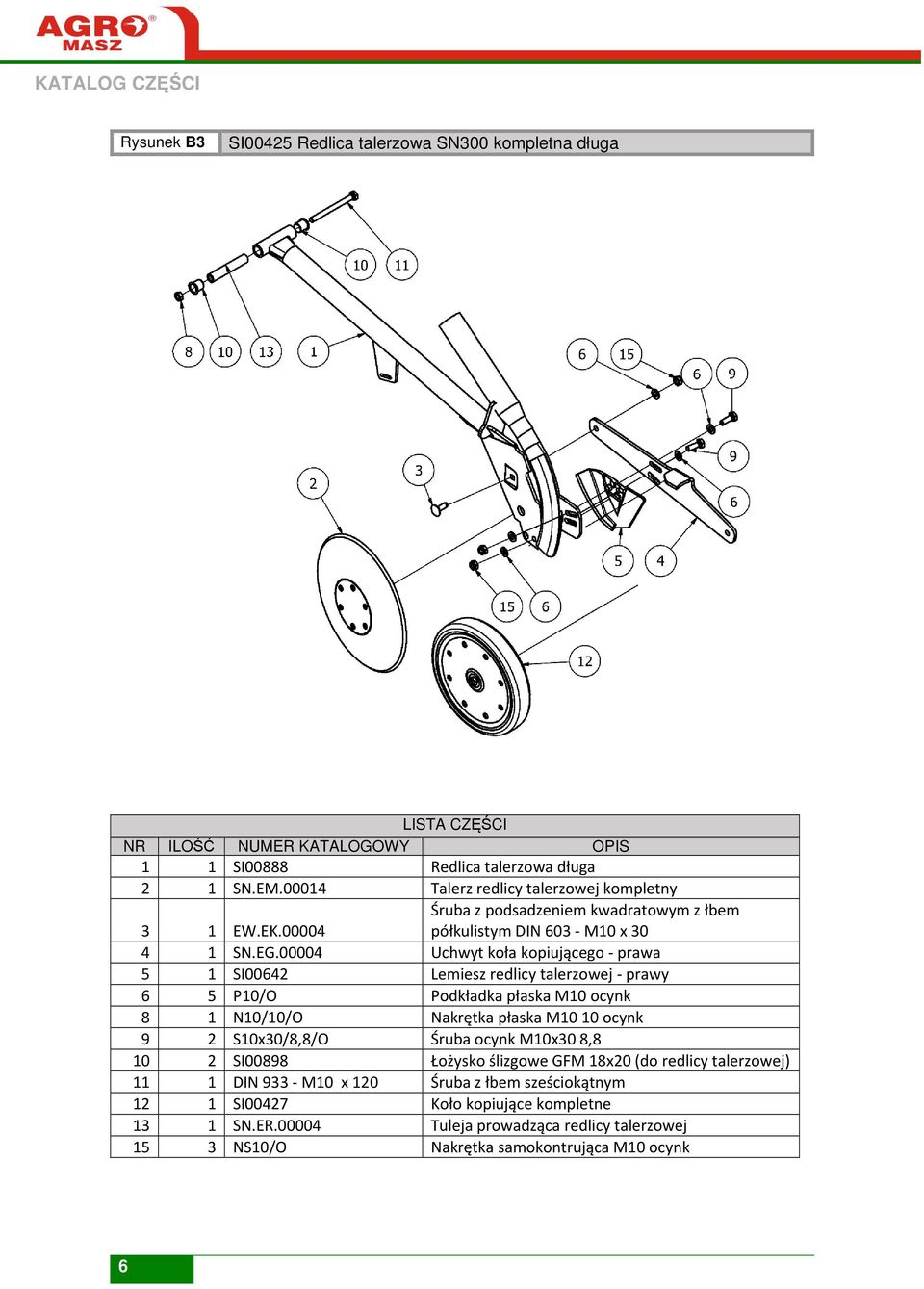 00004 Uchwyt koła kopiującego - prawa 5 1 SI00642 Lemiesz redlicy talerzowej - prawy 6 5 P10/O Podkładka płaska M10 ocynk 8 1 N10/10/O Nakrętka płaska M10 10 ocynk 9 2